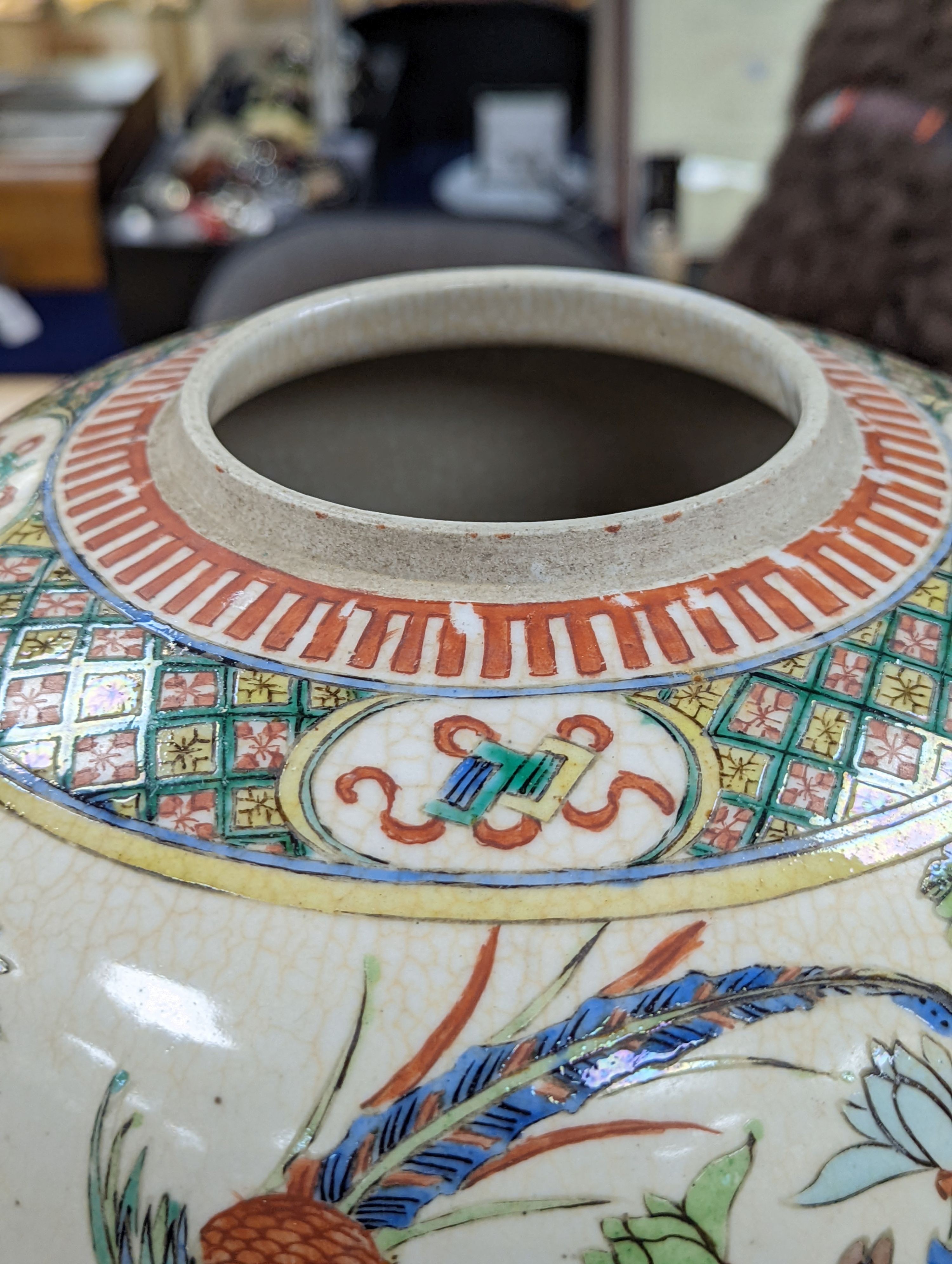 An early 20th century Chinese famille verte crackle glaze jar, 30cm